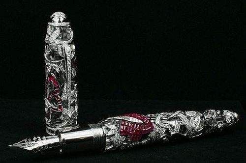 A red and silver fountain pen from Mont Blanc and Van Cleef & Arpels, a mystery masterpiece.