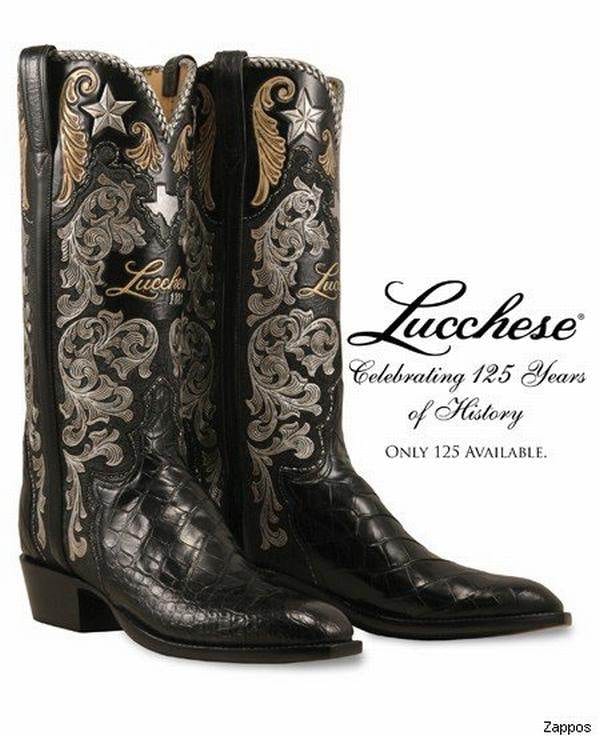 A pair of black cowboy boots with a grand embroidered design, celebrating Lucchese's 125th anniversary.