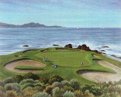 A painting of a golf course near the ocean in CA.