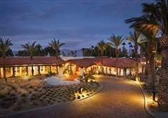 A resort at night with palm trees and serenity.