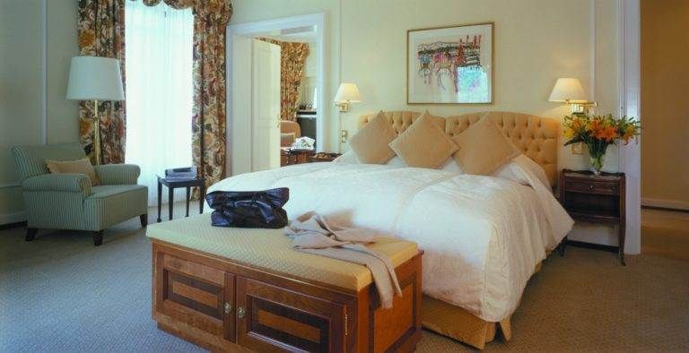 A heavenly bed at Switzerland's Badrutt's Palace Hotel.