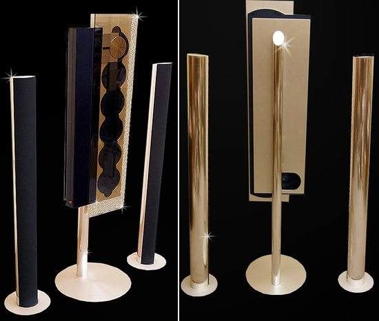 A set of gold and black speakers.