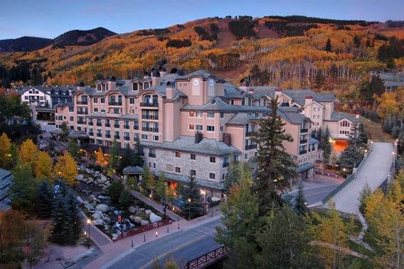 Aerial view of a hotel at dusk in Colorado featuring the Beaver Creek Lodge.