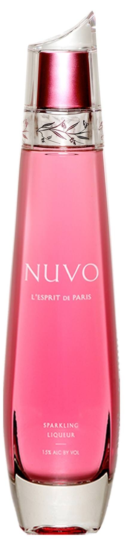 A sparkling bottle of nuvo perfume on a white background.