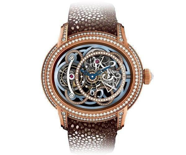 Keywords: Skeleton watch, diamonds, brown leather

Modified description: A stunning skeleton watch adorned with diamonds and paired with a luxurious brown leather strap.