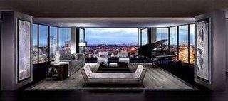 A living room with a view of the city in the Most Expensive Apartment.