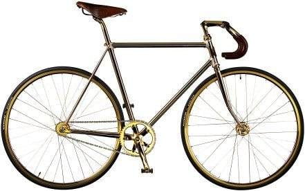A gold bicycle is shown against a white background - Aurumania's Gold Bike Crystal Edition Bicycle.
