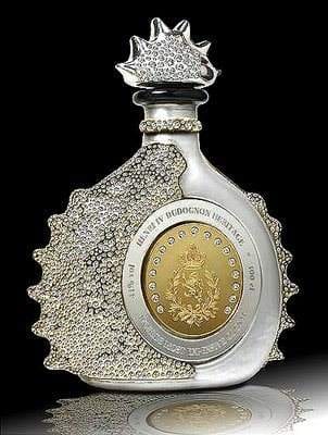 A bottle decorated with diamonds showcasing the Most Expensive Brandy in the World Henri IV Dudognon.