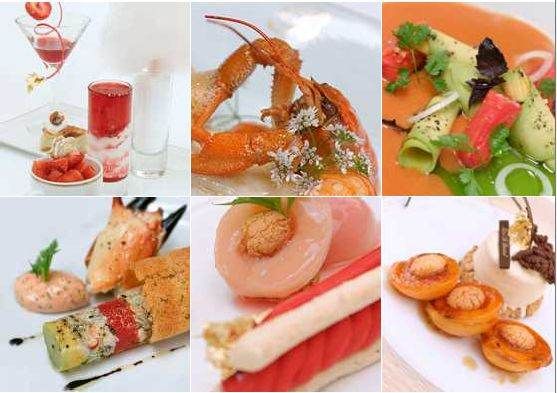 A collage of pictures showing different types of French food at Alain Ducasse au Plaza Athénée.