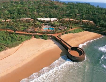 An aerial view of a Goan beach resort.
