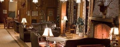 A living room with a roaring fire: Lake Quinault Lodge.
