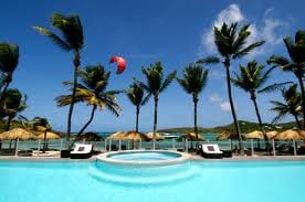 A swimming pool surrounded by palm trees in St. Barthelemy, offering the most beautiful suites at Hotel Guanahani & Spa.