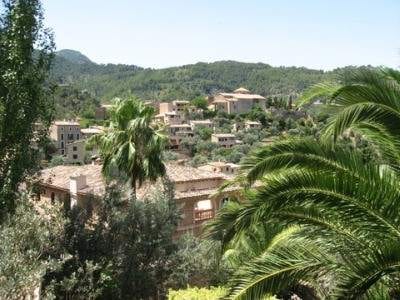 A view of a village in Mallorca with palm trees in the background.