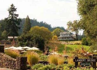 A view of the entrance to Lambert Bridge Winery in California.