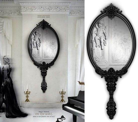 An ornate Marie Antoinette mirror resembling the mirror used in the Palace of Versailles sits in a room with a piano.