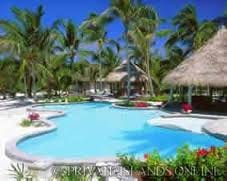 Thatched huts with a swimming pool and palm trees on an island.