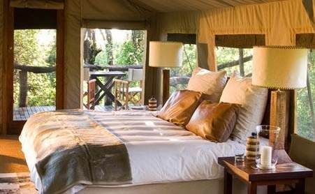 A bed in a tent with a view of the trees offering African wildlife.