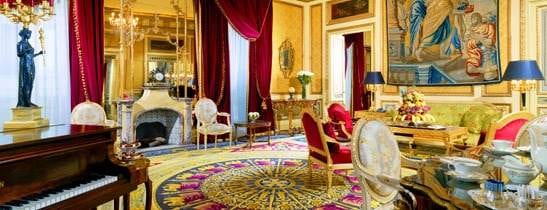 Royal luxury unveiled at an ornate room with piano and furniture in the Royal Suite of St. Regis Rome.