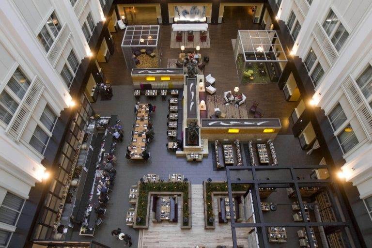 An aerial view of an atrium in The Nines, a hotel in Portland Oregon.
