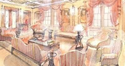 A drawing of an elegant living room at Stanhope Residences.