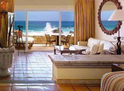 A living room with a view of the ocean at Palmilla Resort on the Baja Peninsula.