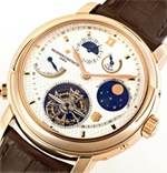 Patek Philippe 18k rose gold moonphase chronograph with the most exclusive timepiece from Vacheron Constantin of Switzerland.
