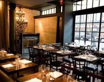 A holiday-themed restaurant with tables, chairs, and a large window in NYC perfect for a girlfriend getaway.