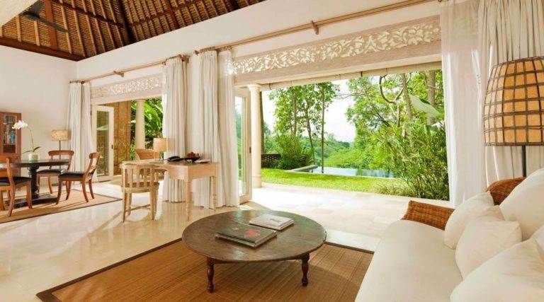 An inland Balinese retreat, Uma Ubud, offering a living room with a view of the ocean.