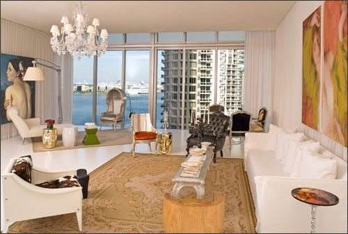 An urban living room with a view of the ocean from Viceroy Miami.