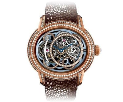 Keywords: Skeleton watch, diamonds, brown leather

Modified description: A stunning skeleton watch adorned with diamonds and paired with a luxurious brown leather strap.