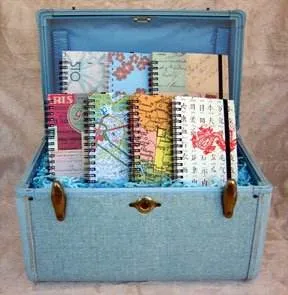 A handmade blue suitcase filled with various hand-made journals.