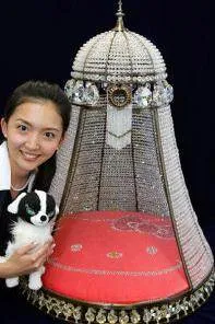 A woman is posing with a dog in front of a large crystal bed, treating her pup to the priciest of doghouses.