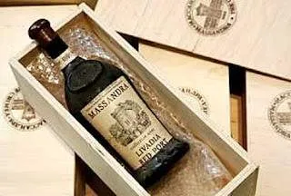 A bottle of Massandra Sherry de la Frontera 1775 in a wooden box.