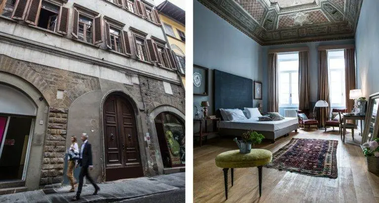 Two pictures of a woman walking down a hallway in Italy.