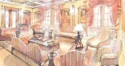 A drawing of an elegant living room at Stanhope Residences.