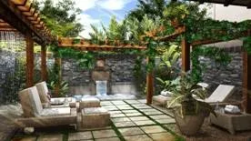 A 3d rendering of an outdoor patio with a pergola at Kapalua's $180 Million Makeover.