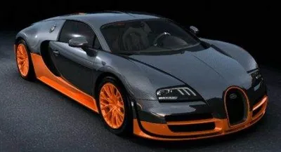 An orange and black Bugatti Veyron is parked on a luxurious black background.