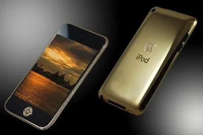 A gold iPod is shown next to a black background with a 75 carat diamond.