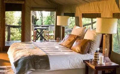 A bed in a tent with a view of the trees offering African wildlife.