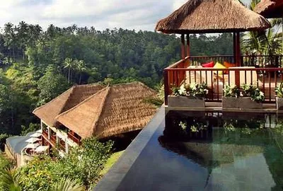 An exquisite pool with a thatched roof overlooking the jungle, located in Ubud beside Ayung River.