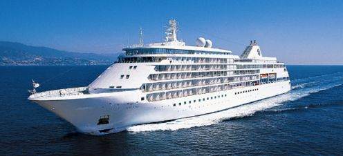 Silversea Cruise Ship sailing in the ocean.