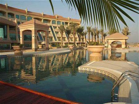 The luxurious swimming pool at the most expensive beach resort in Abu Dhabi.
