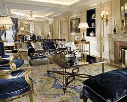 Ancient meets Contemporary at the Presidential Suite with blue furniture and a fireplace.