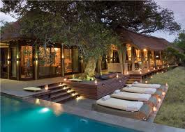 The lodge pool at dusk.